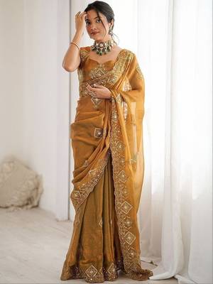 Mustard embroidered saree with unstitched blouse piece 1