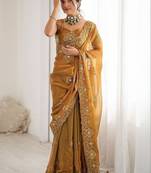 Mustard embroidered saree with unstitched blouse piece