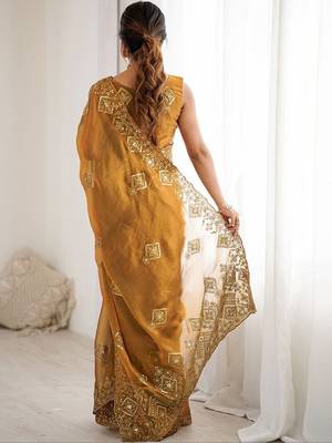 Mustard embroidered saree with unstitched blouse piece 2
