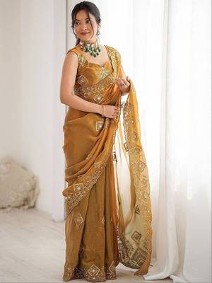 Mustard embroidered saree with unstitched blouse piece 3