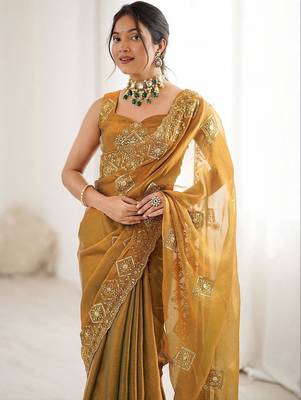 Mustard embroidered saree with unstitched blouse piece 4
