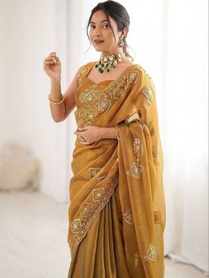 Mustard embroidered saree with unstitched blouse piece 5