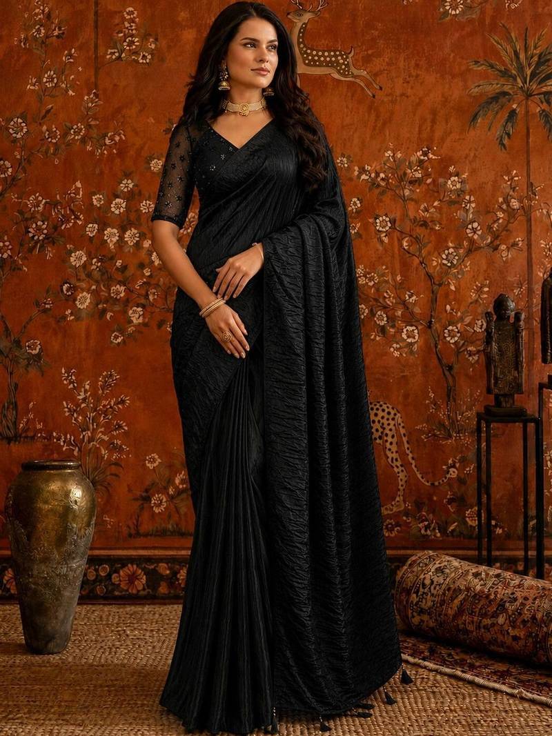 Black satin saree