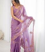Purple embroidered saree with unstitched blouse piece