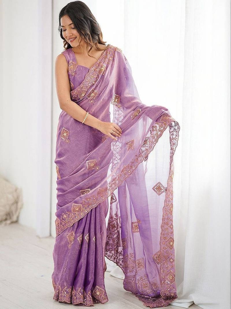 Purple embroidered saree with unstitched blouse piece