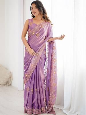 Purple embroidered saree with unstitched blouse piece 2