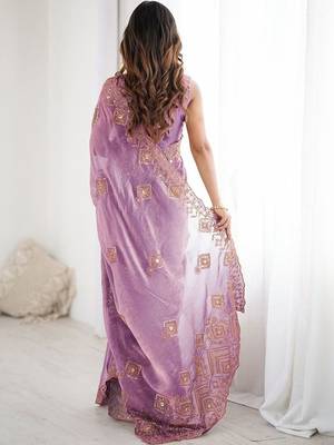 Purple embroidered saree with unstitched blouse piece 3