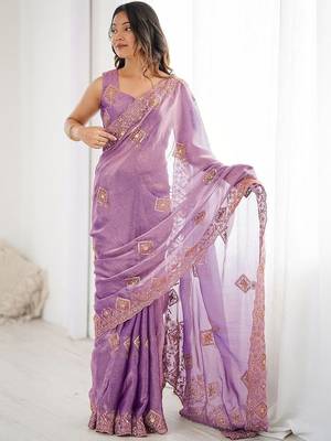 Purple embroidered saree with unstitched blouse piece 4