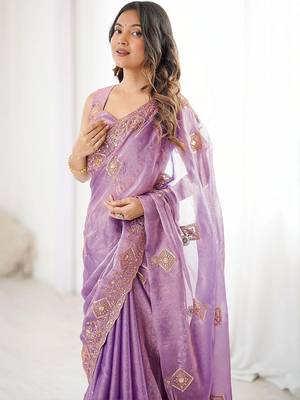 Purple embroidered saree with unstitched blouse piece 5