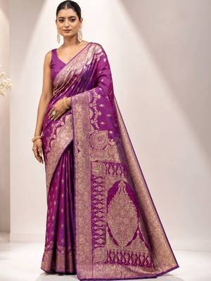 Purple woven design zari satin saree 1