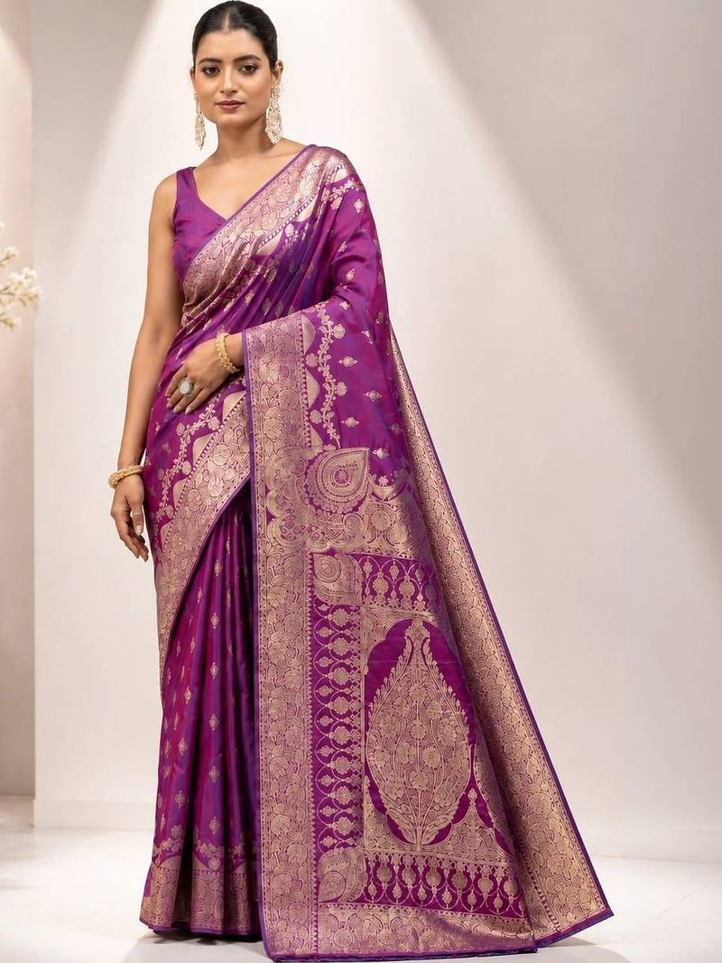 Purple woven design zari satin saree