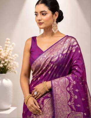 Purple woven design zari satin saree 2