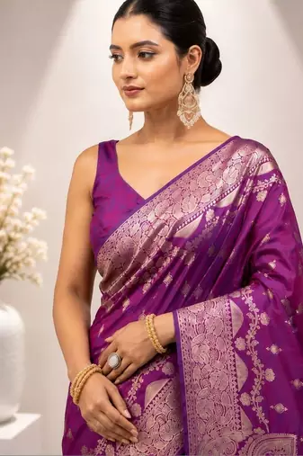Purple woven design zari satin saree