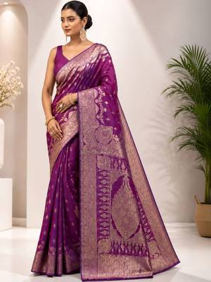 Purple woven design zari satin saree 3