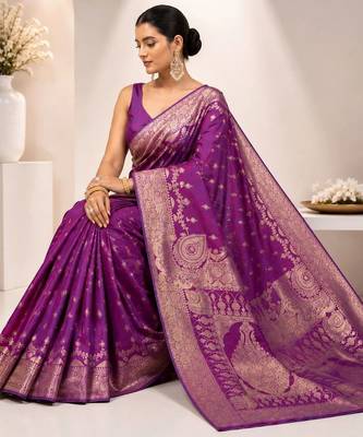 Purple woven design zari satin saree 4