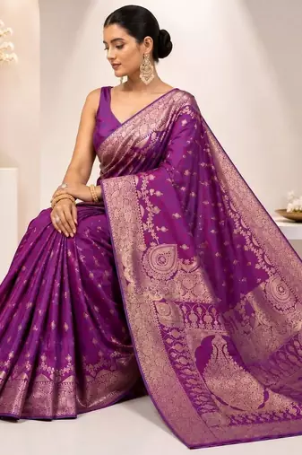 Purple woven design zari satin saree