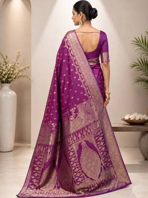 Purple woven design zari satin saree 5