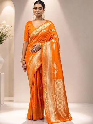 Orange zari satin saree 1
