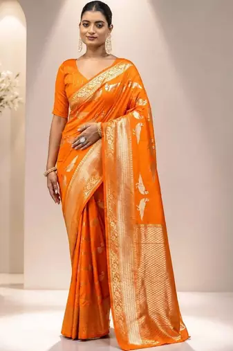 Orange zari satin saree