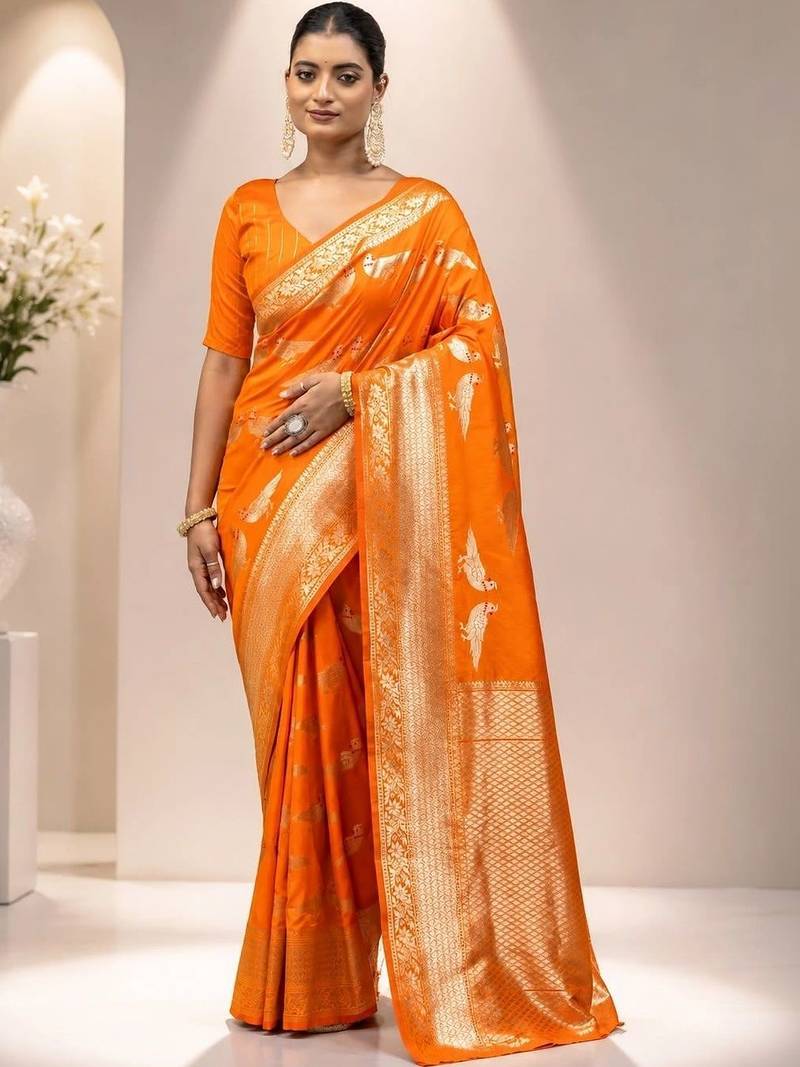 Orange zari satin saree