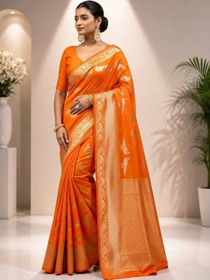Orange zari satin saree 2