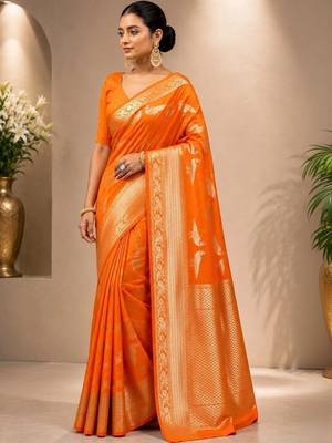 Orange zari satin saree 3