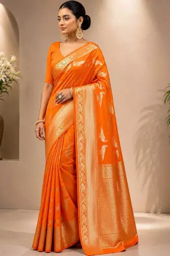 Orange zari satin saree