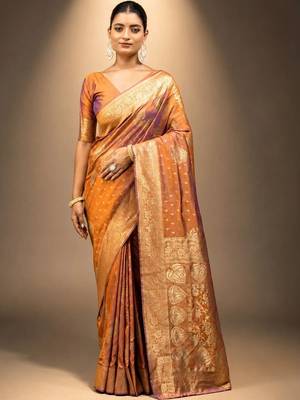 Orange zari silk blend saree 1