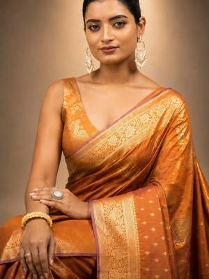 Orange zari silk blend saree 2