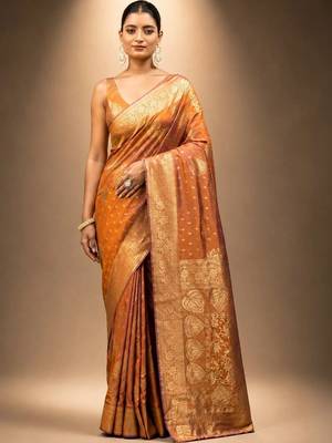 Orange zari silk blend saree 3