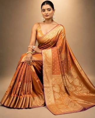 Orange zari silk blend saree 4
