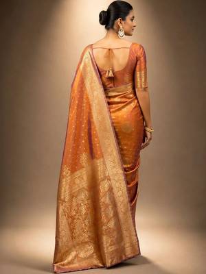 Orange zari silk blend saree 5