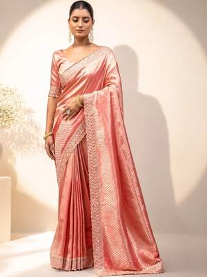 Peach embroidered tissue saree 1