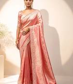 Peach embroidered tissue saree