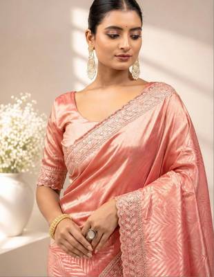 Peach embroidered tissue saree 3