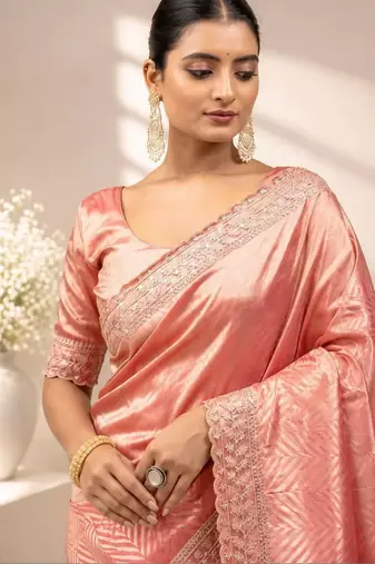 Peach embroidered tissue saree