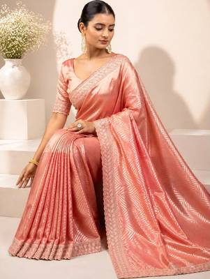 Peach embroidered tissue saree 5
