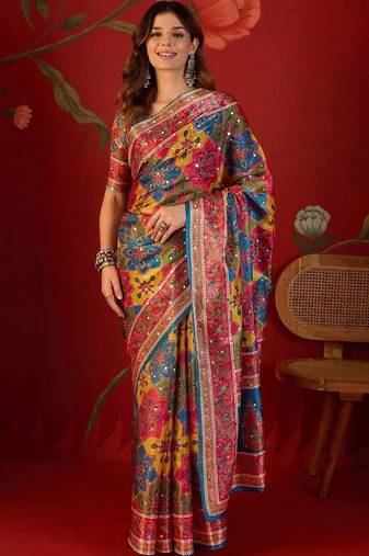 Multicolor ethnic motifs mirror work  georgette saree