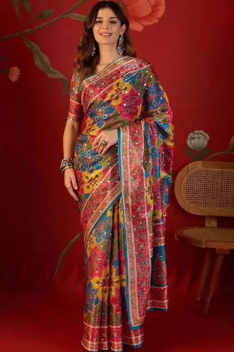 Multicolor ethnic motifs mirror work  georgette saree