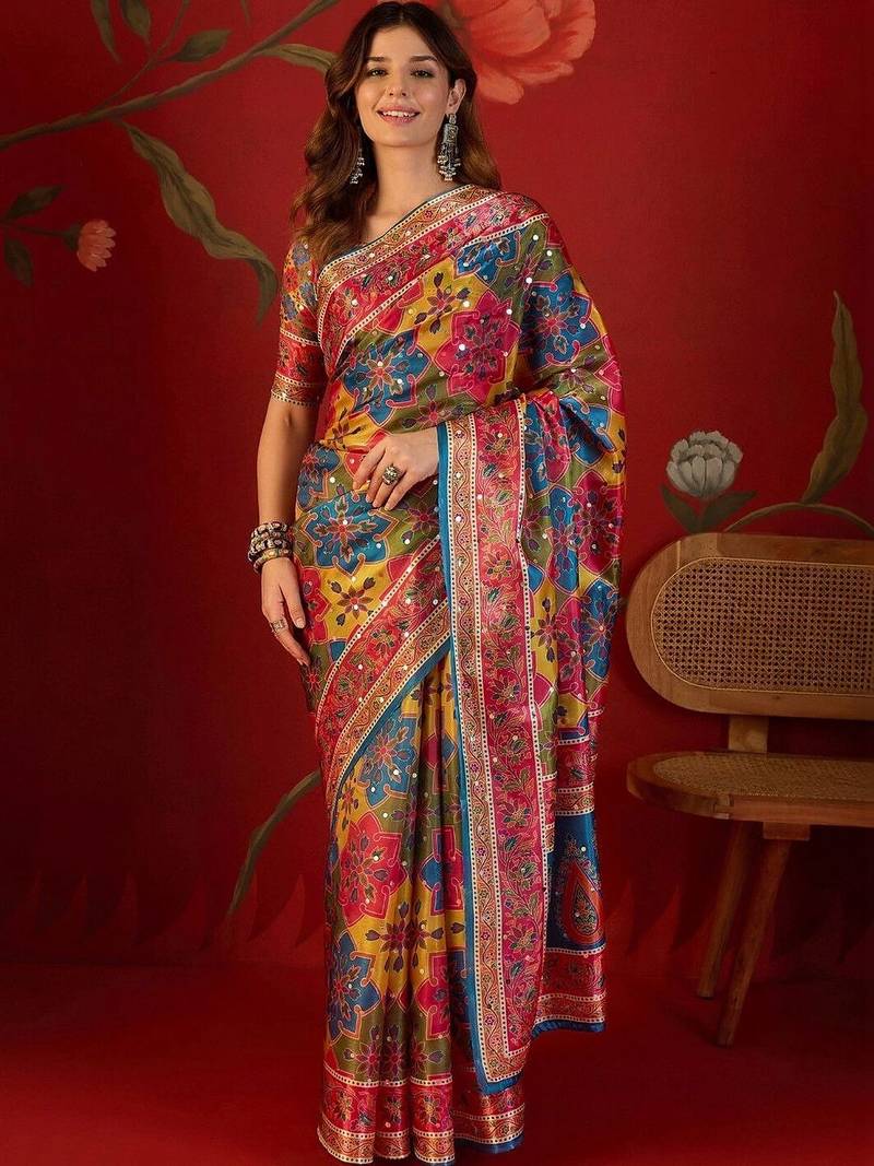 Multicolor ethnic motifs mirror work  georgette saree