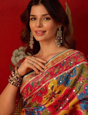 Multicolor ethnic motifs mirror work  georgette saree 2