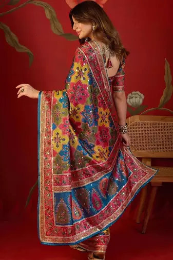 Multicolor ethnic motifs mirror work  georgette saree