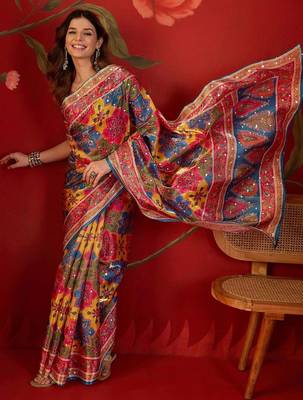 Multicolor ethnic motifs mirror work  georgette saree 4