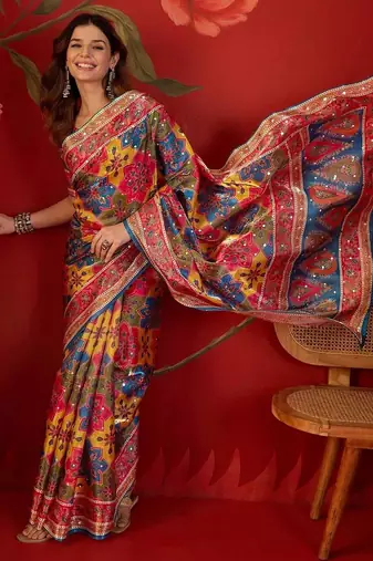 Multicolor ethnic motifs mirror work  georgette saree