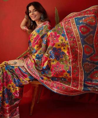 Multicolor ethnic motifs mirror work  georgette saree 5