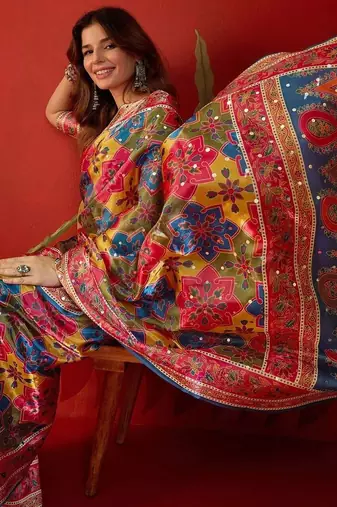Multicolor ethnic motifs mirror work  georgette saree