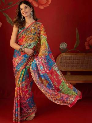 Multicolor ethnic motifs mirror work  georgette saree 1