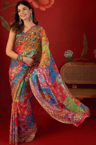 Multicolor ethnic motifs mirror work  georgette saree