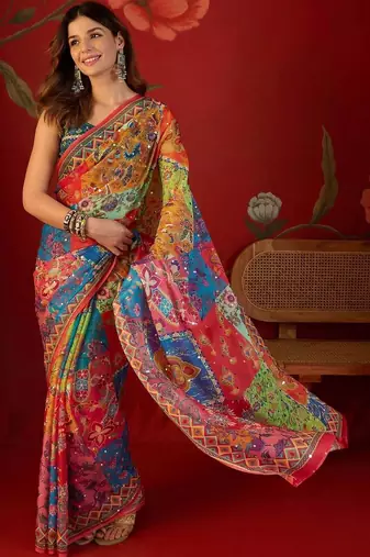 Multicolor ethnic motifs mirror work  georgette saree
