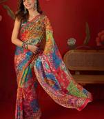 Multicolor ethnic motifs mirror work  georgette saree
